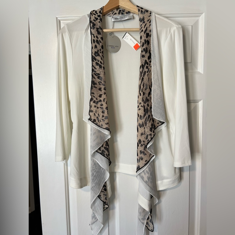 White Cardigan with Leopard Print Trim NWT